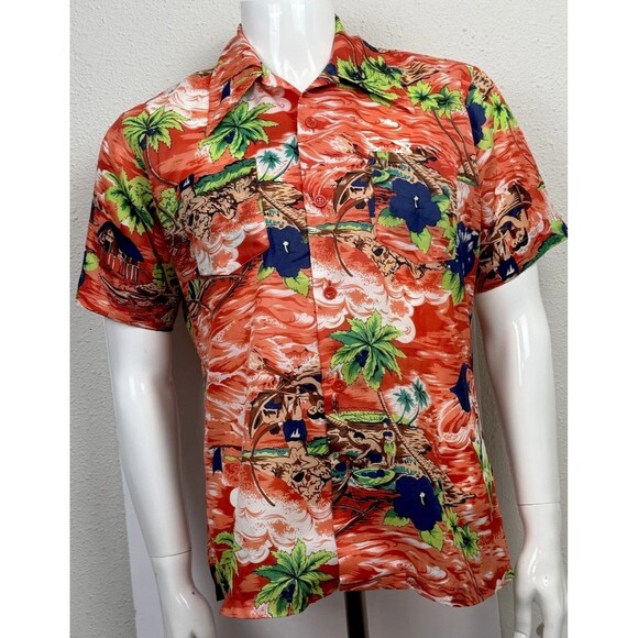 Vintage 70s Sears Roebuck Hawaiian Shirt Tiki Hut Outrigger...